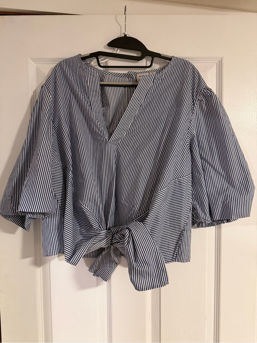 Maeve Blue and White Striped Tie-Front Puff Sleeve Blouse